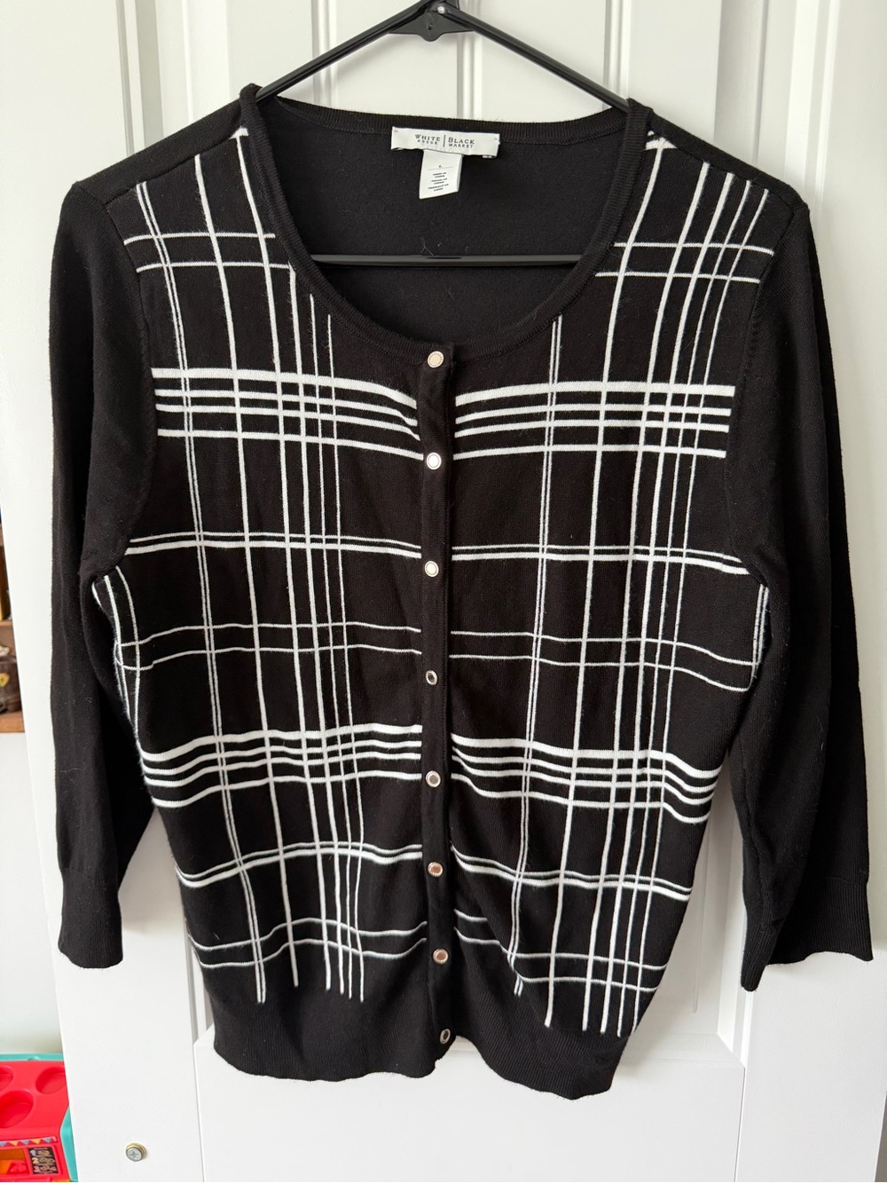 White House Black Market Black and White Grid Button-Front Cardigan